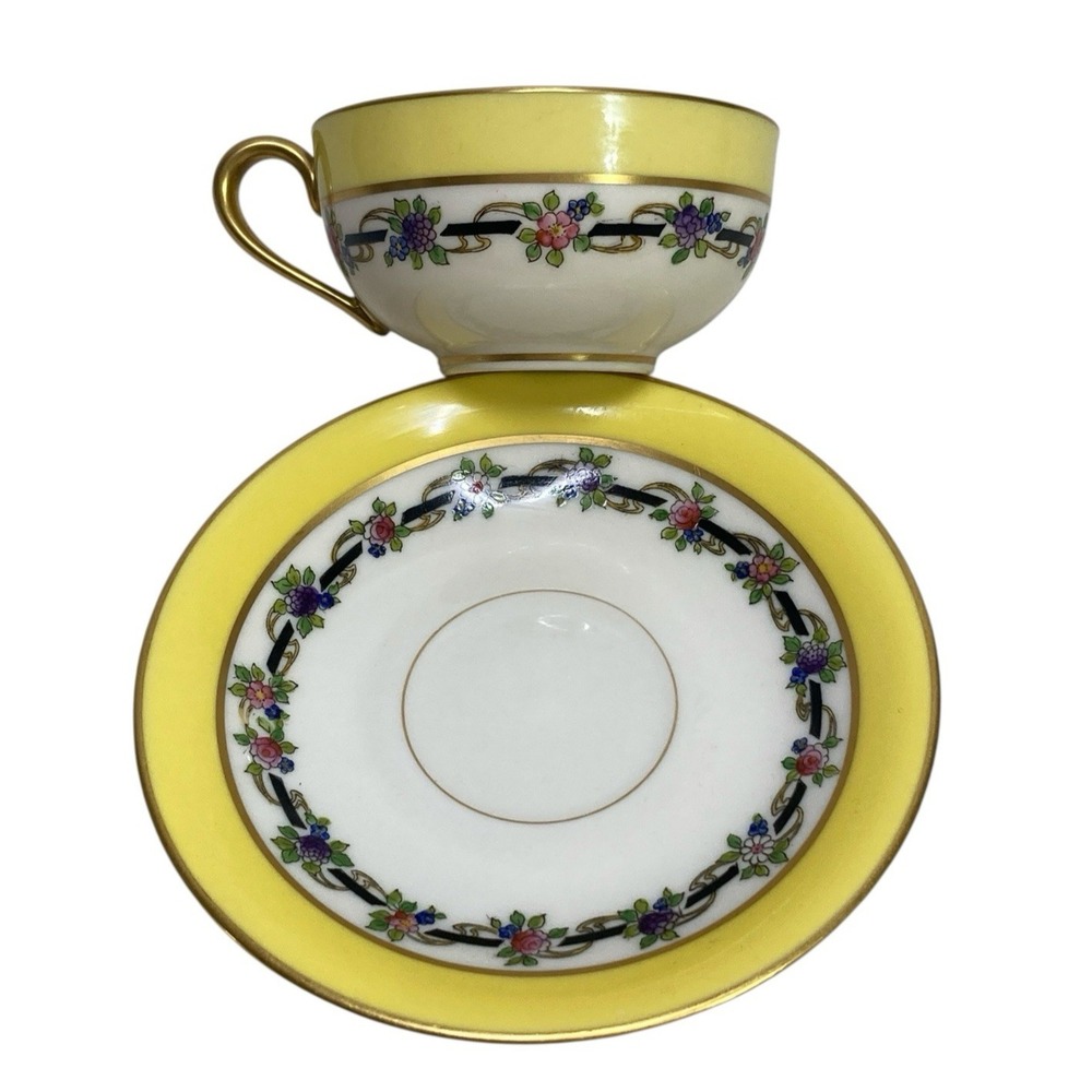 Lenox Yellow White Floral Teacup & Saucer Gold Trim Granny core Vintage